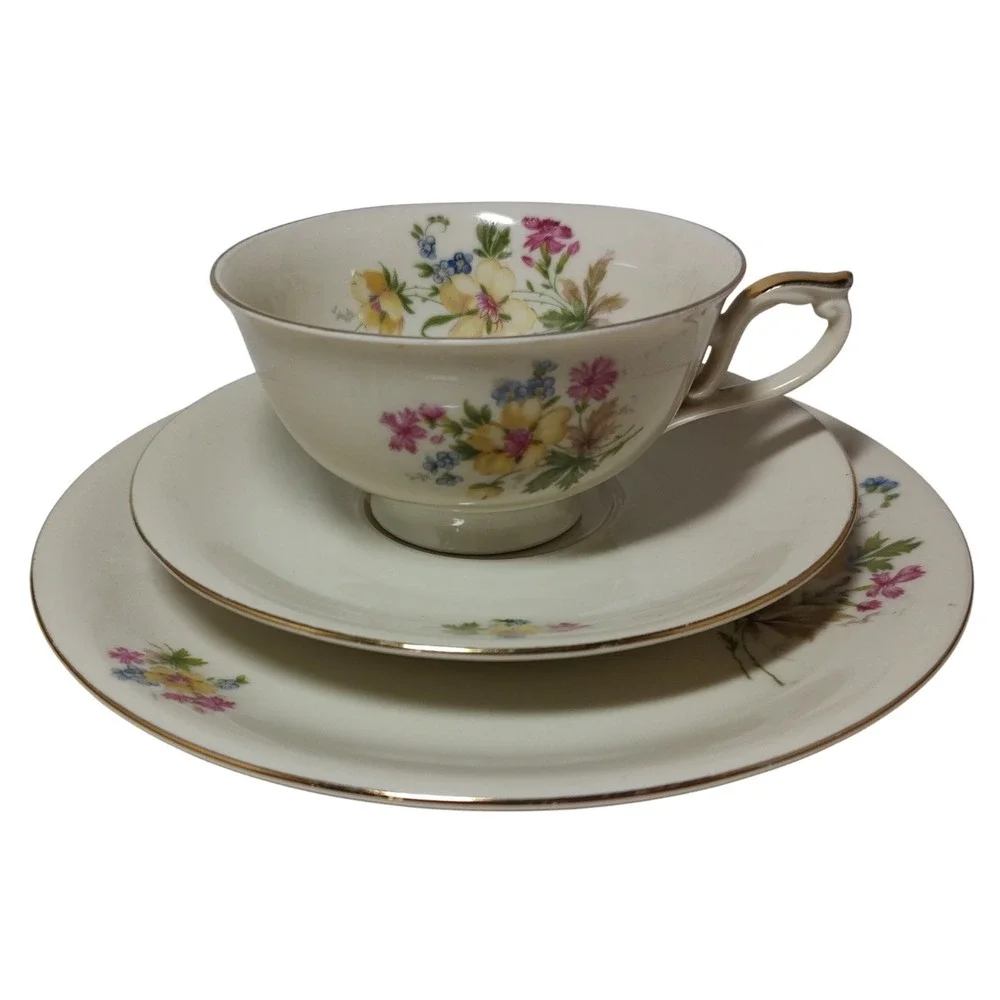 Vintage Bavaria Teacup Saucer Dessert Plate Set Floral Gold Trim Set of‎ Three